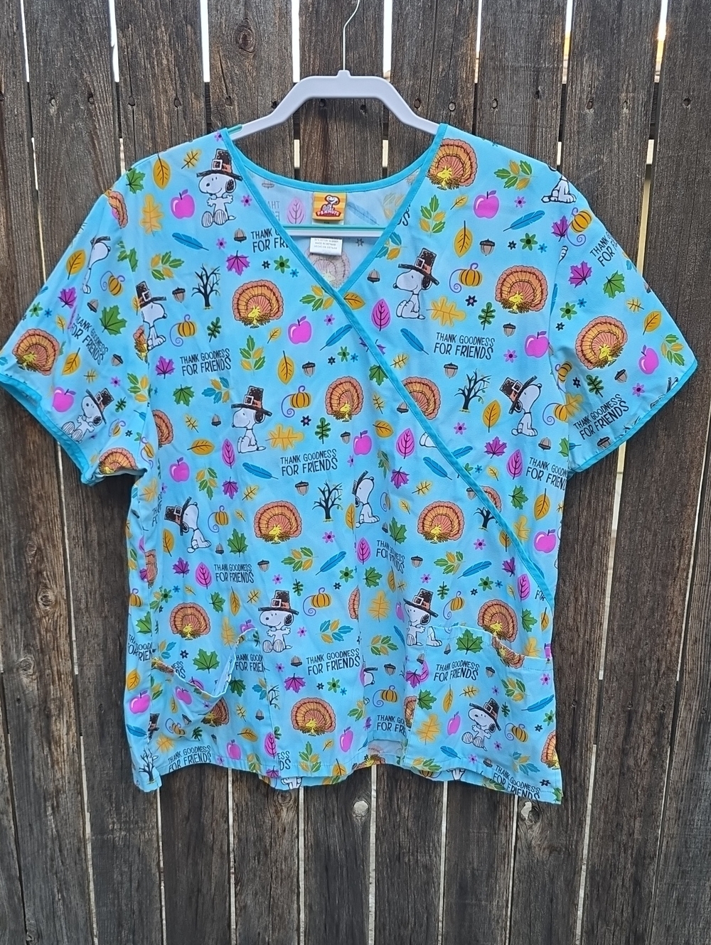 Peanuts Light Blue Scrub Uniform Top with Pilgrim Snoopy Thanksgiving Leaves